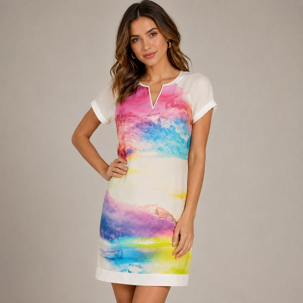 Karen Millen Silk Watercolor Abstract Print Shift Dress White UK 10 US 6